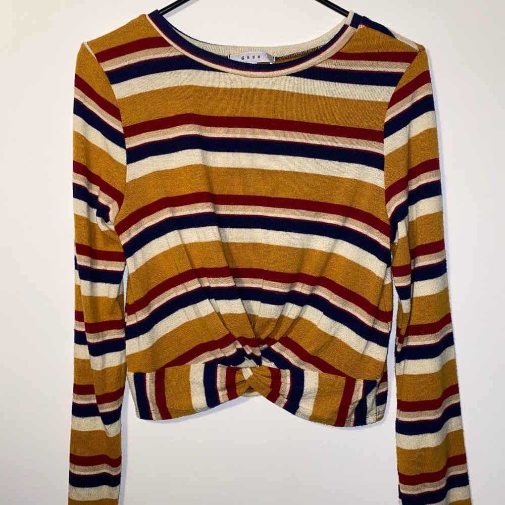"Gaze" Knotted Striped Long Sleeve Shirt